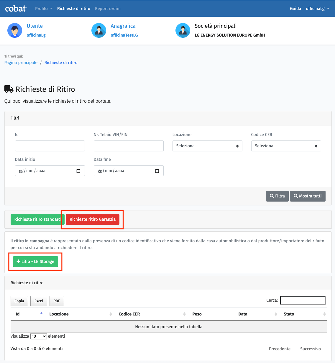 richiesta di ritiro Schermata "Richiesta di ritiro"