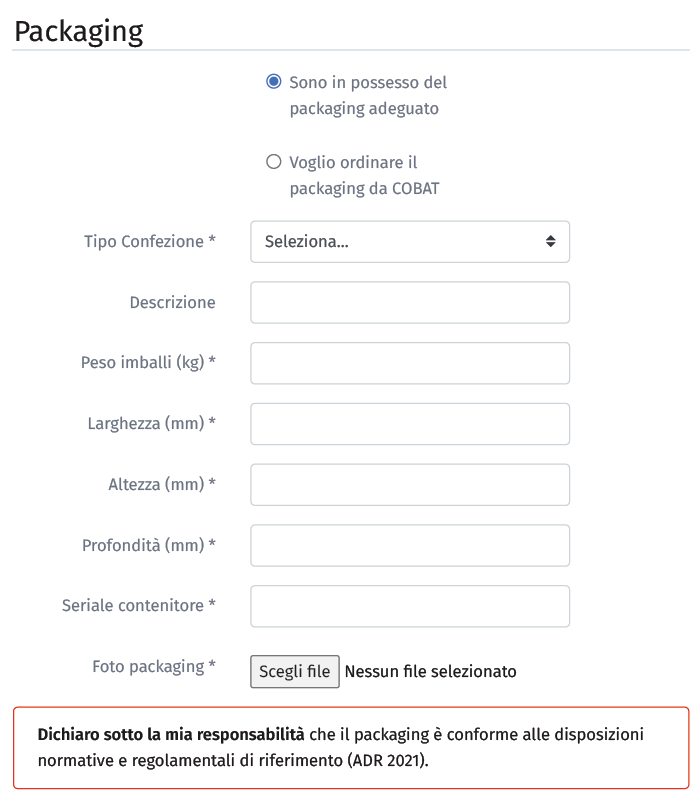 Packaging nella richiesta del ritiro. Schermata packaging nella richiesta del ritiro.