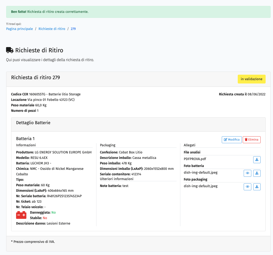 Conferma richiesta ritiro Schermata di conferma per la creazione della richiesta di ritiro.